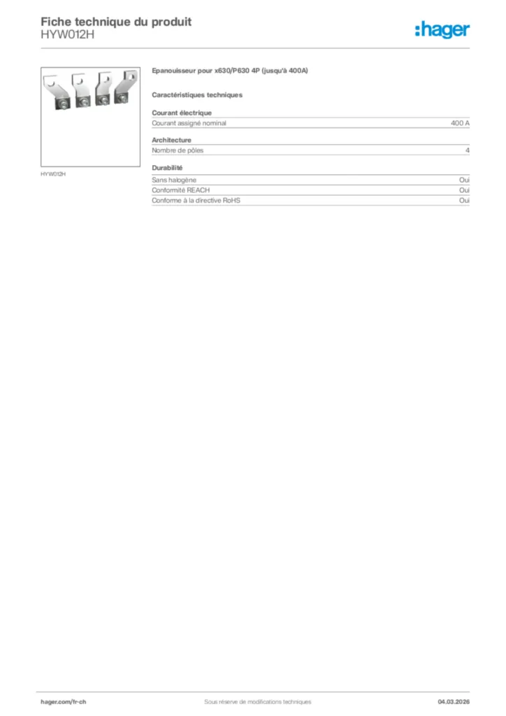 Image Hager Fiche technique du produit HYW012H | Hager Suisse