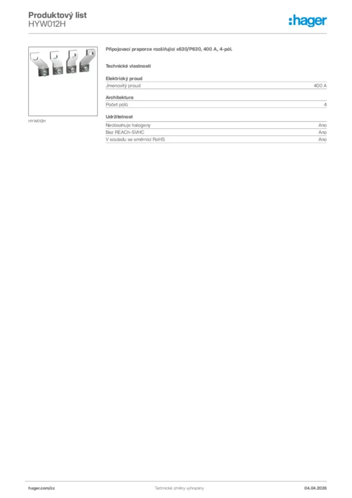 Obrázek Hager Product data sheet HYW012H | Hager