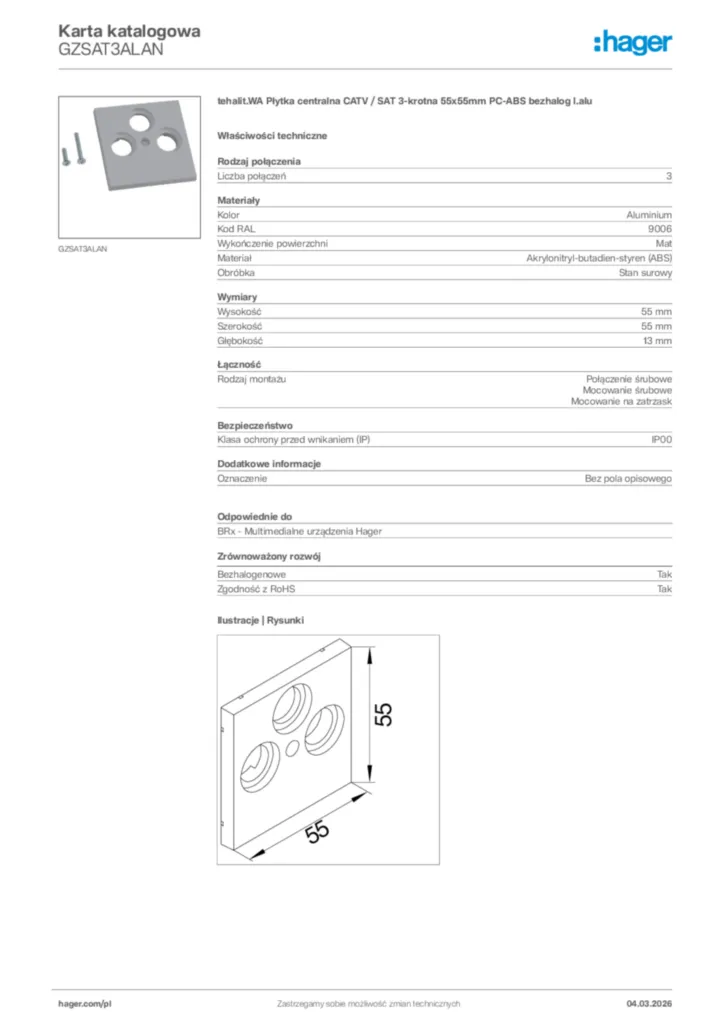 Zdjęcie Hager Karta katalogowa GZSAT3ALAN | Hager Polska