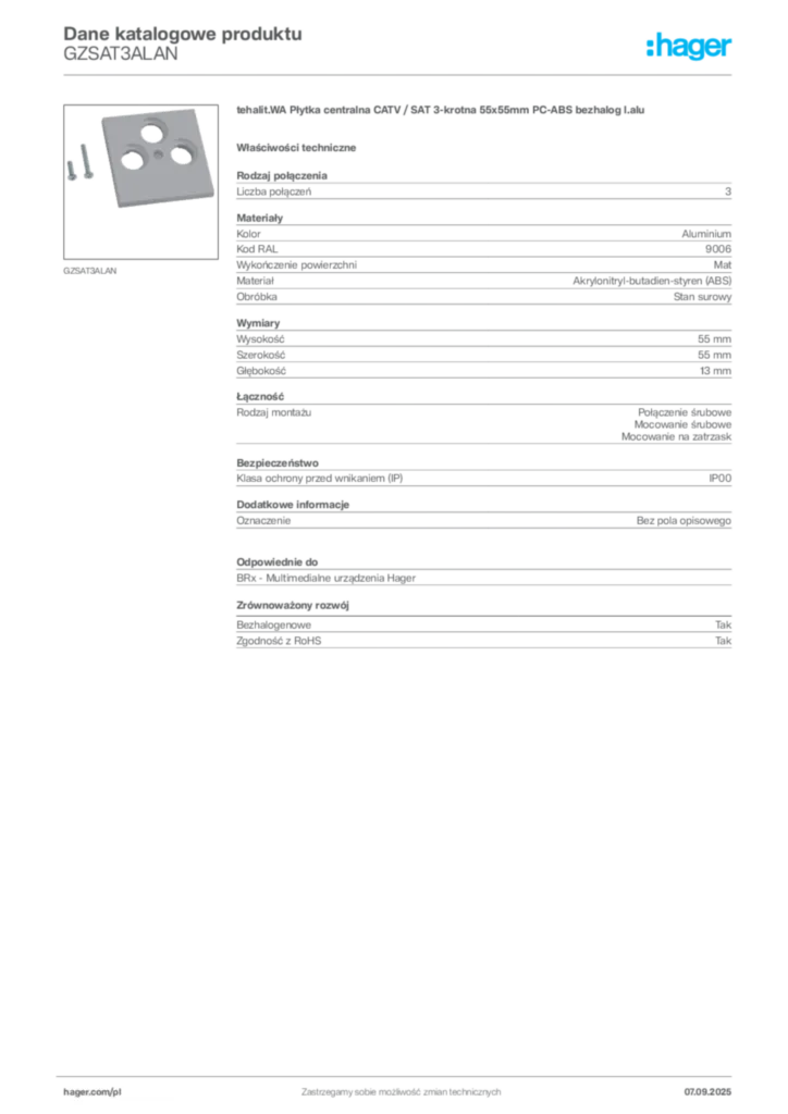 Zdjęcie Hager Dane katalogowe produktu GZSAT3ALAN | Hager Polska