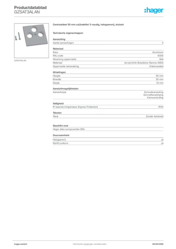 Afbeelding Hager Productdatablad GZSAT3ALAN | Hager Nederland