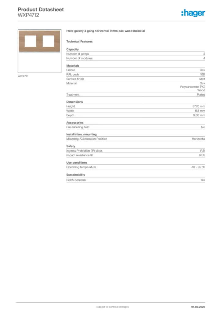 Image Hager Product data sheet WXP4712  | Hager Africa