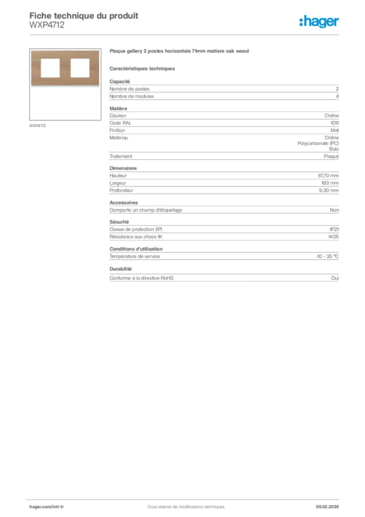 Image Hager Fiche technique du produit WXP4712 | Hager Afrique