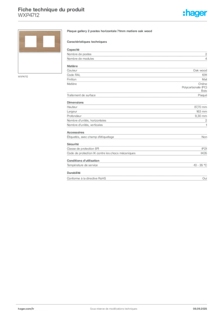 Image Hager Fiche technique du produit WXP4712 | Hager France