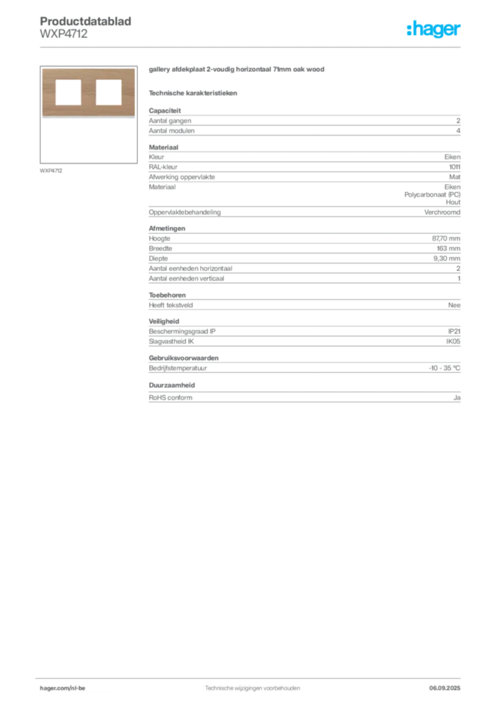 Afbeelding Hager Productdatablad WXP4712 | Hager Belgium