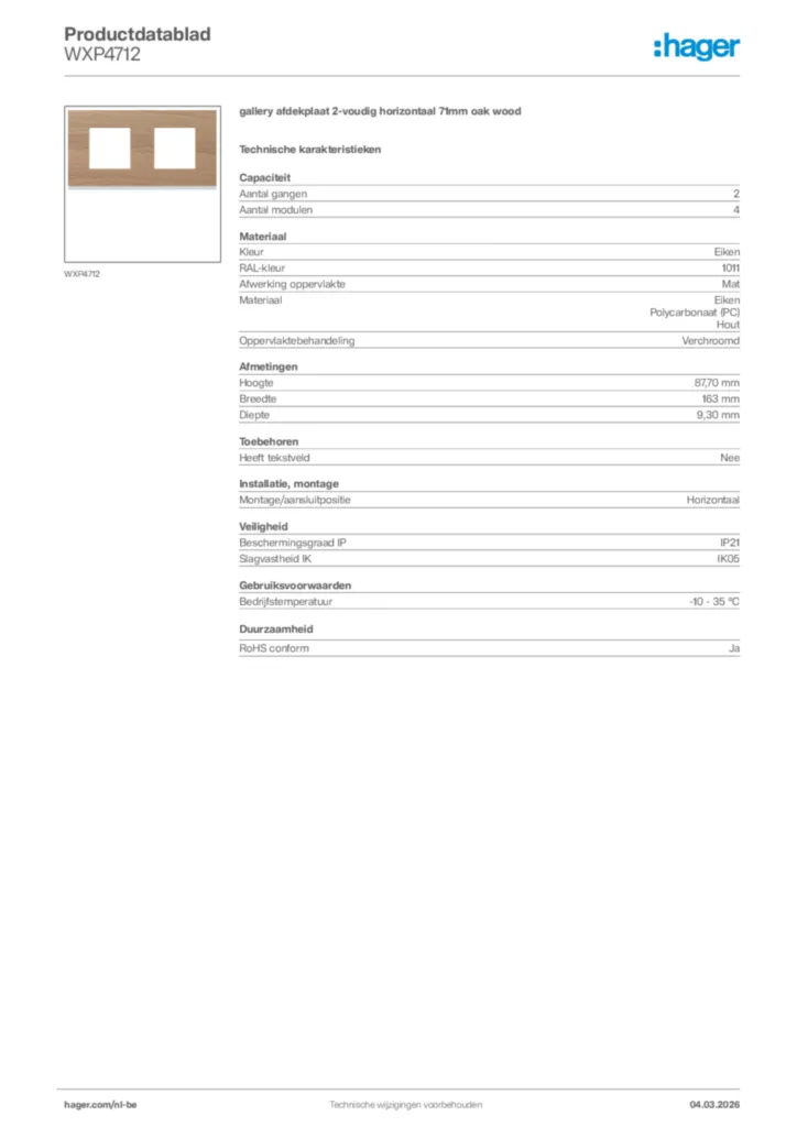 Afbeelding Hager Productdatablad WXP4712 | Hager Belgium