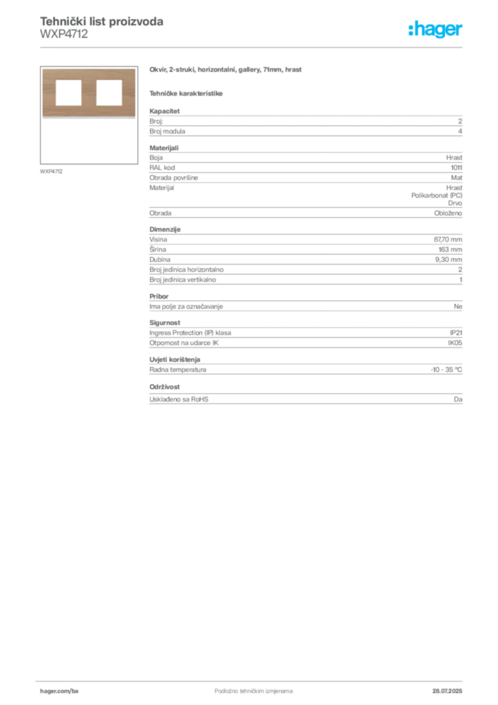 Slika Hager Product data sheet WXP4712  | Hager