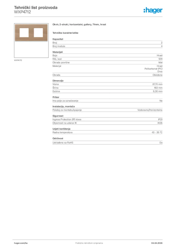 Slika Hager Tehnički list proizvoda WXP4712  | Hager