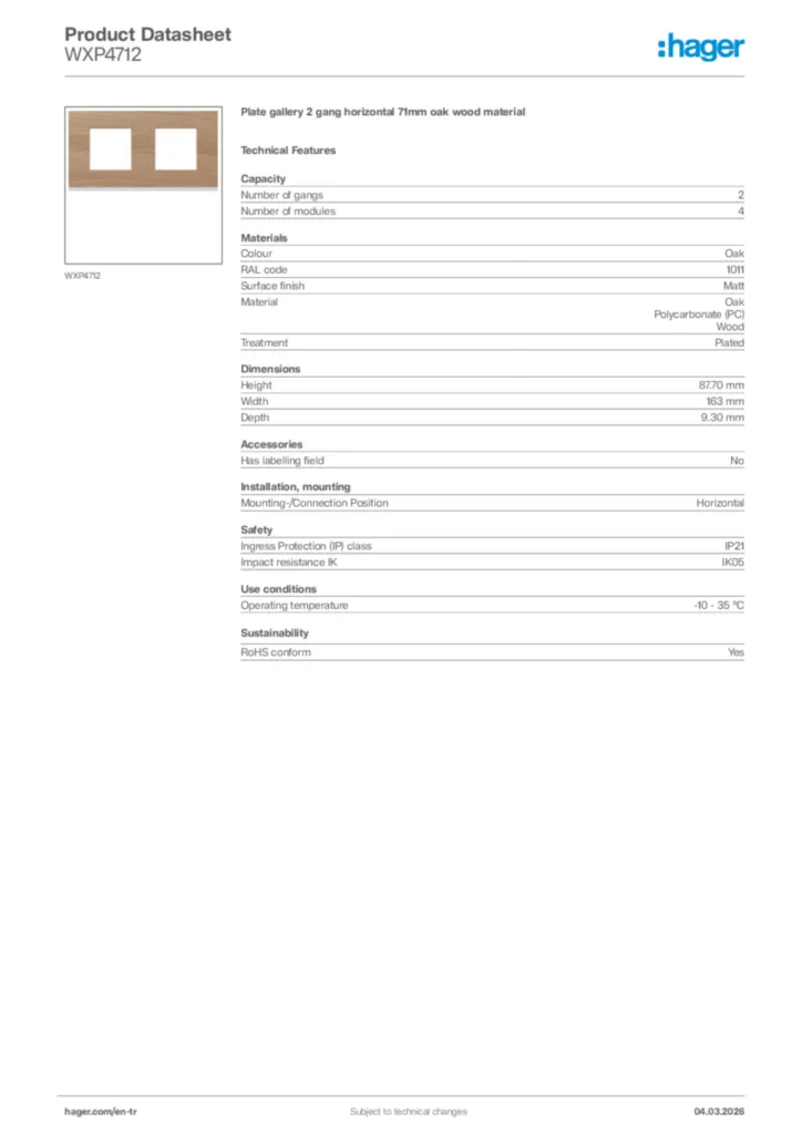Image Hager Product data sheet WXP4712  | Hager