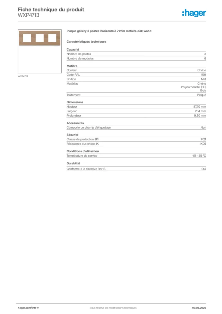 Image Hager Fiche technique du produit WXP4713 | Hager Afrique