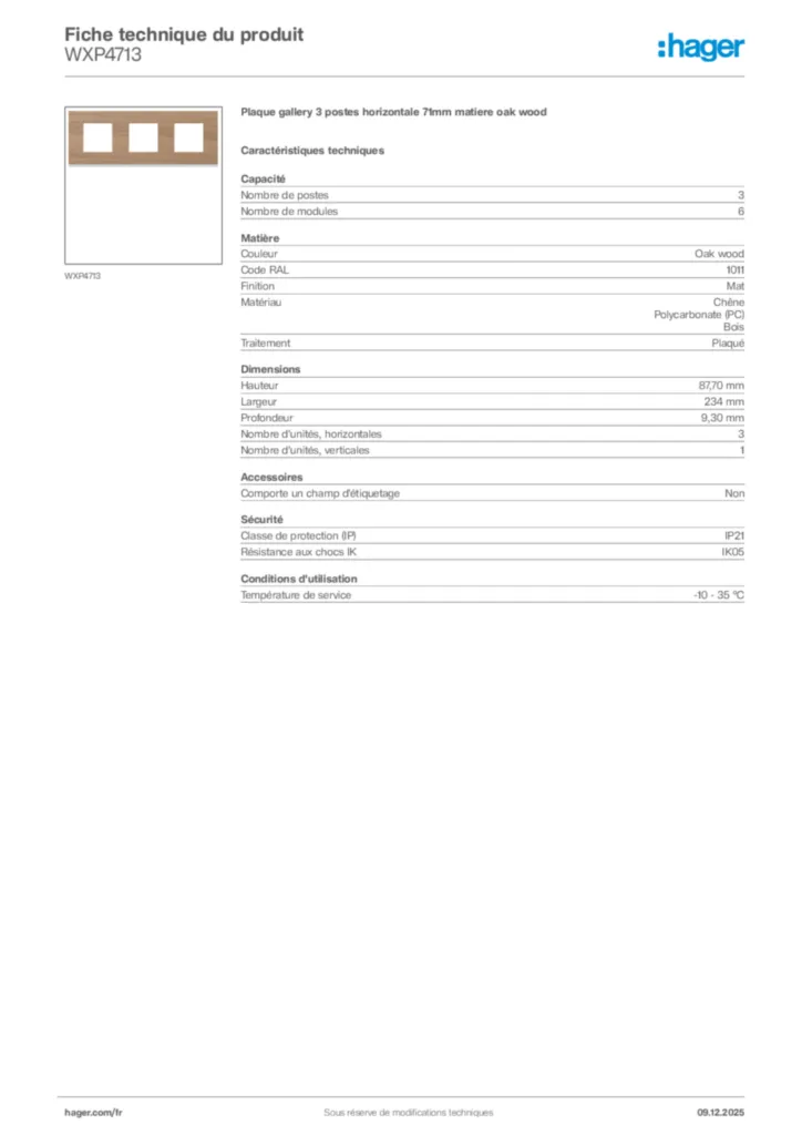 Image Hager Fiche technique du produit WXP4713 | Hager France