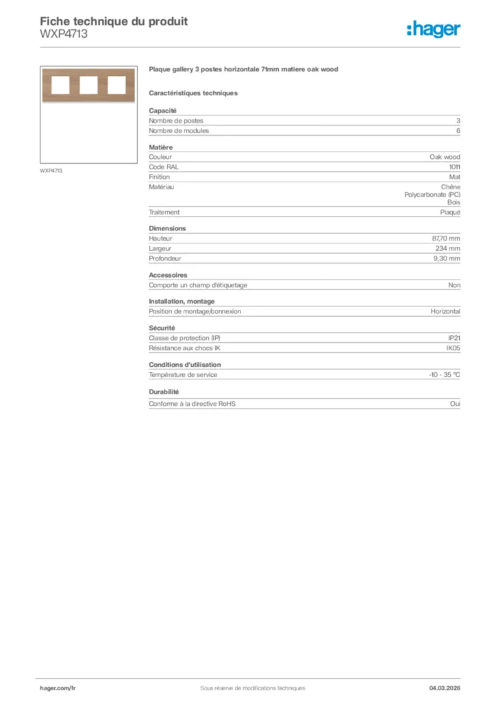 Image Hager Fiche technique du produit WXP4713 | Hager France