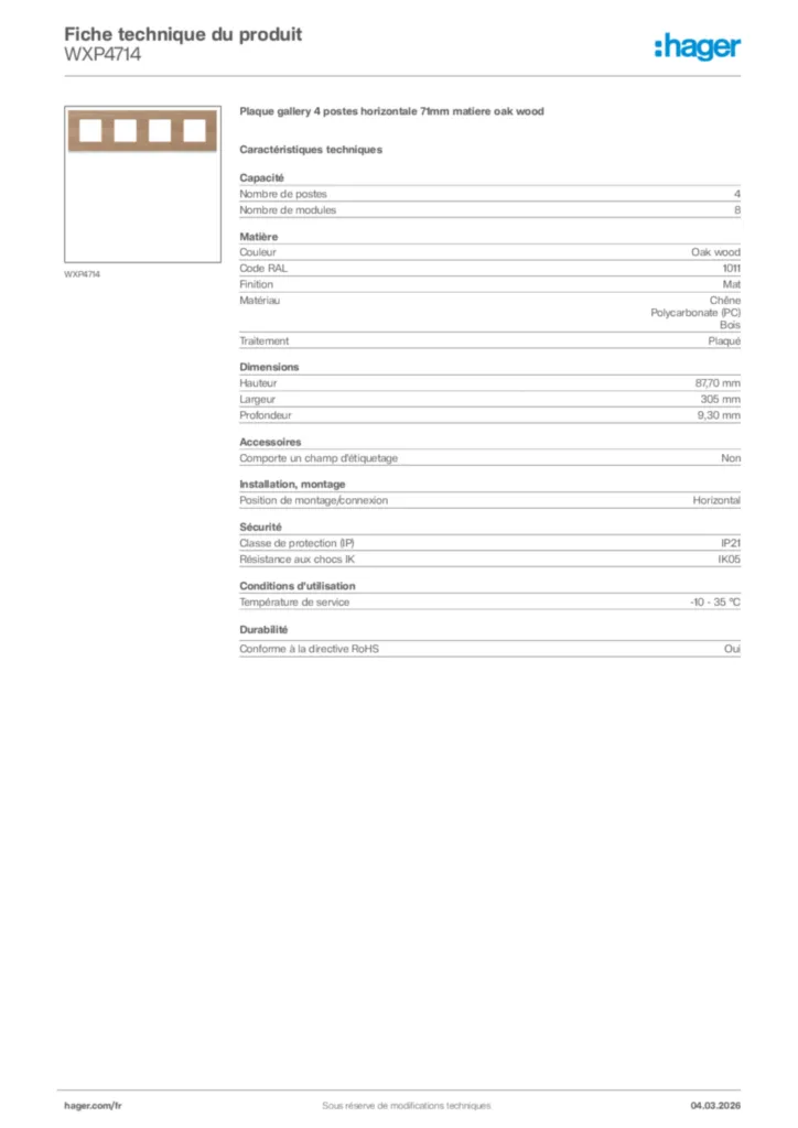 Image Hager Fiche technique du produit WXP4714 | Hager France