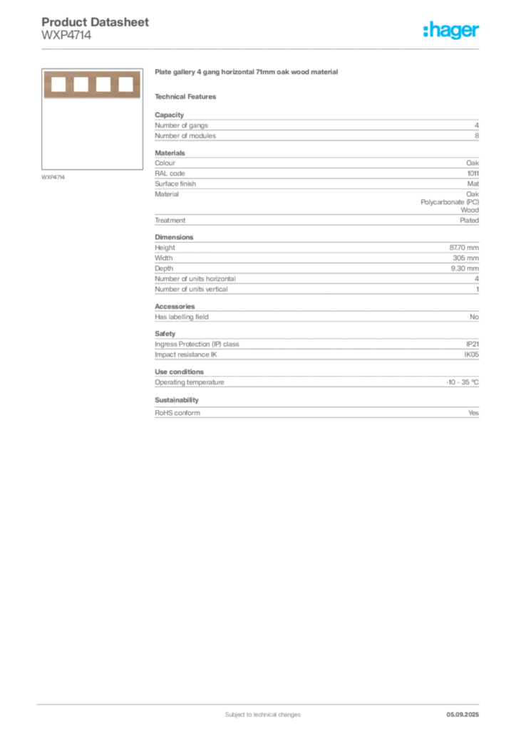 Image Hager Product data sheet WXP4714  | Hager