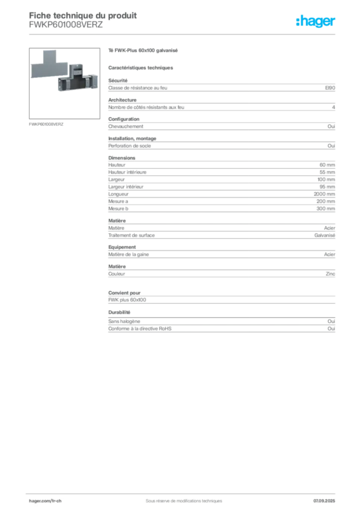 Image Hager Fiche technique du produit FWKP601008VERZ | Hager Suisse