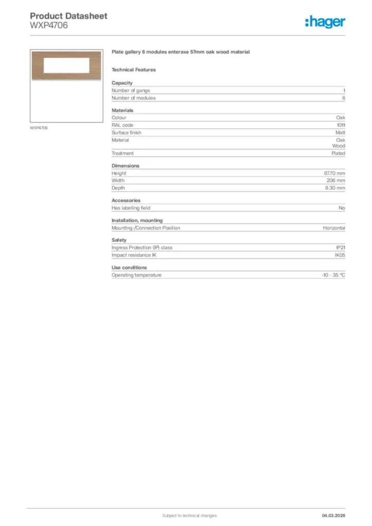 Image Hager Product data sheet WXP4706  | Hager Africa