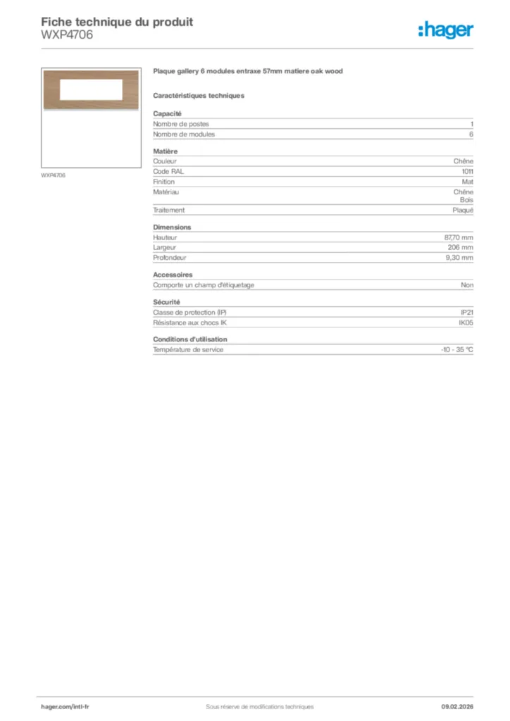 Image Hager Fiche technique du produit WXP4706 | Hager Afrique