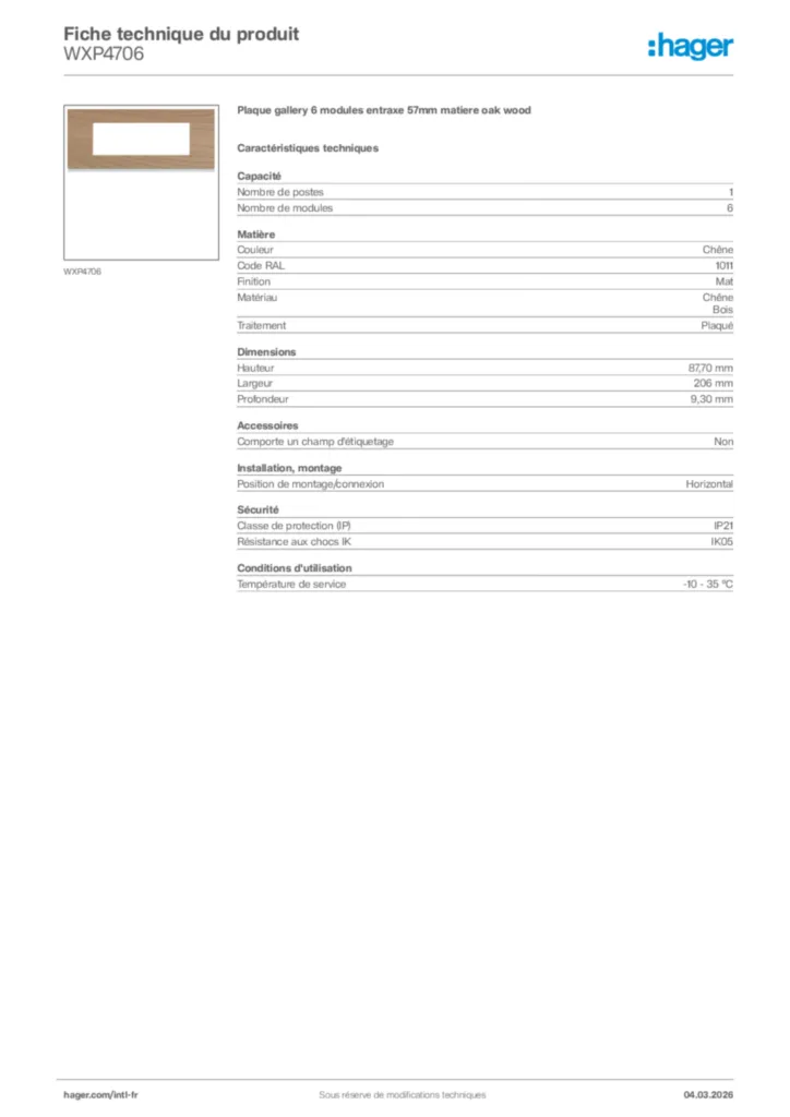 Image Hager Fiche technique du produit WXP4706 | Hager Afrique