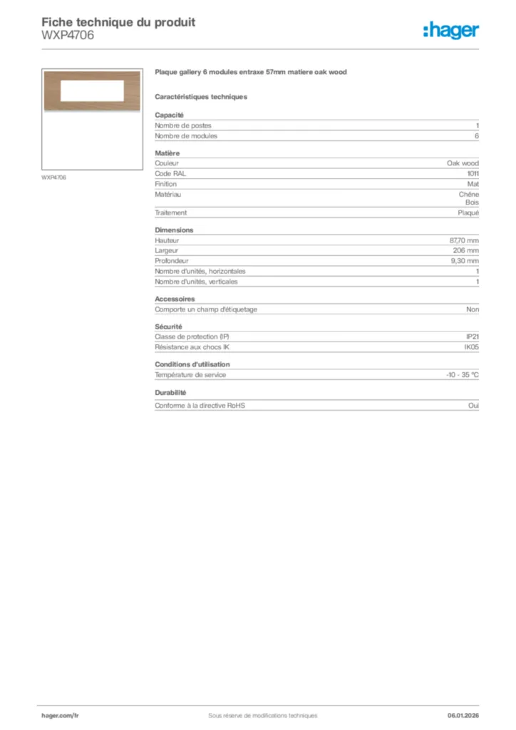 Image Hager Fiche technique du produit WXP4706 | Hager France