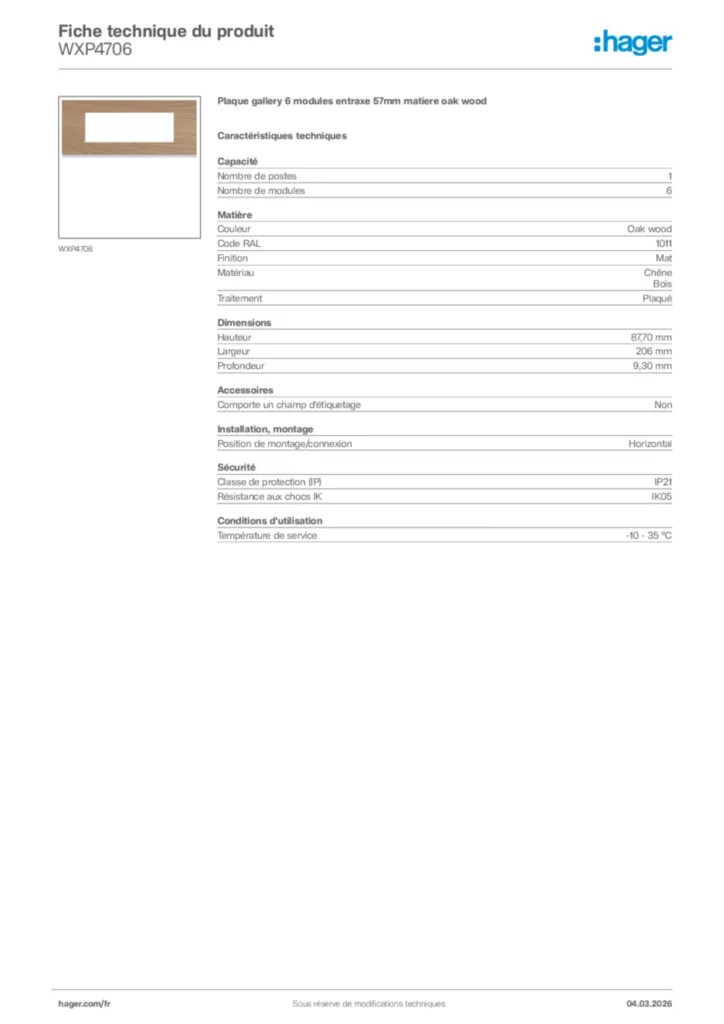 Image Hager Fiche technique du produit WXP4706 | Hager France