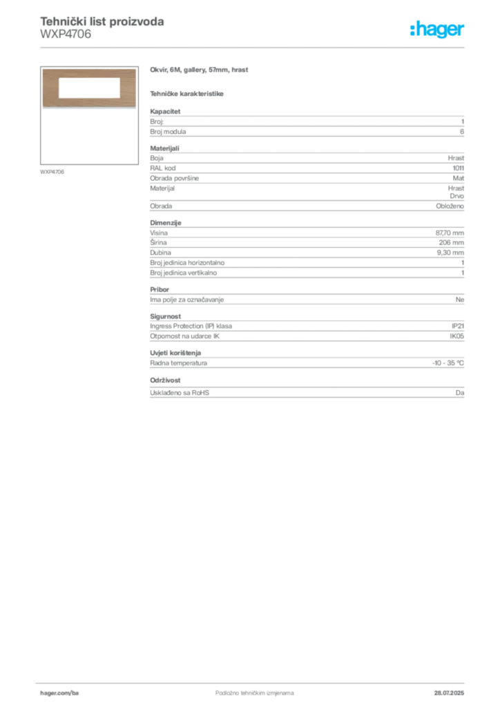 Slika Hager Product data sheet WXP4706  | Hager