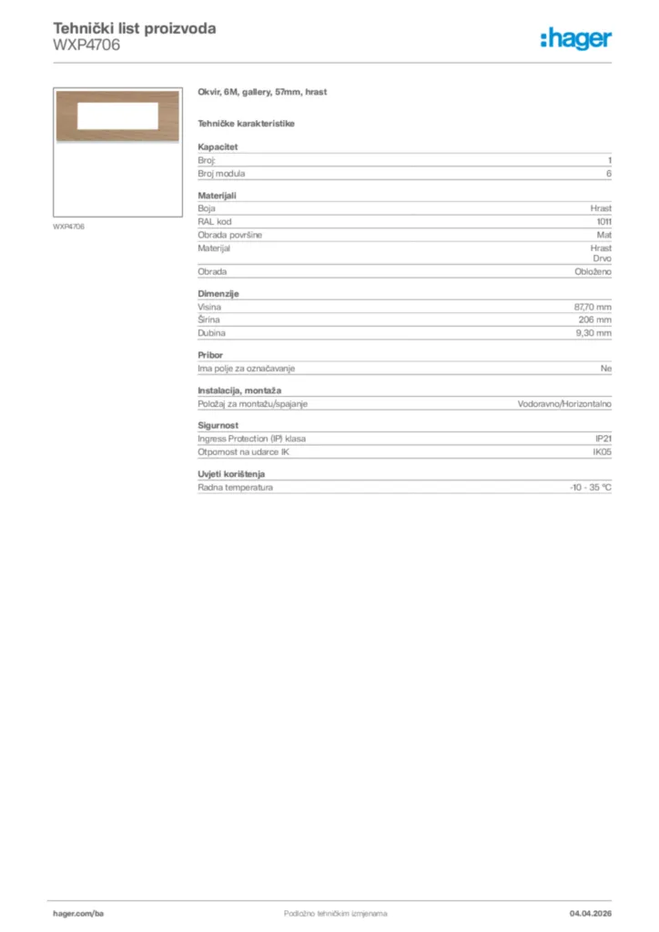 Slika Hager Tehnički list proizvoda WXP4706  | Hager