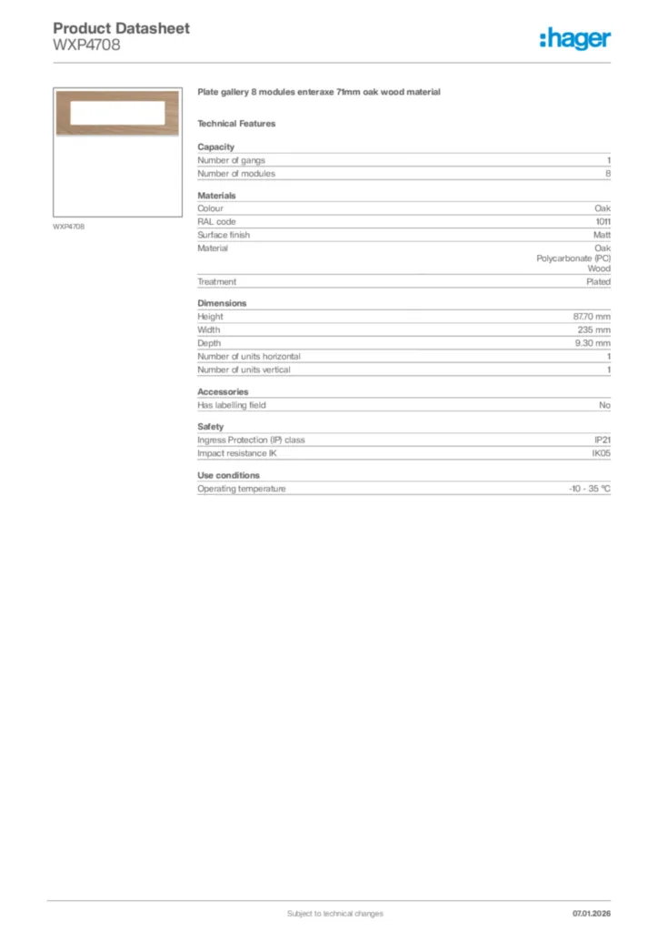 Image Hager Product data sheet WXP4708  | Hager Africa