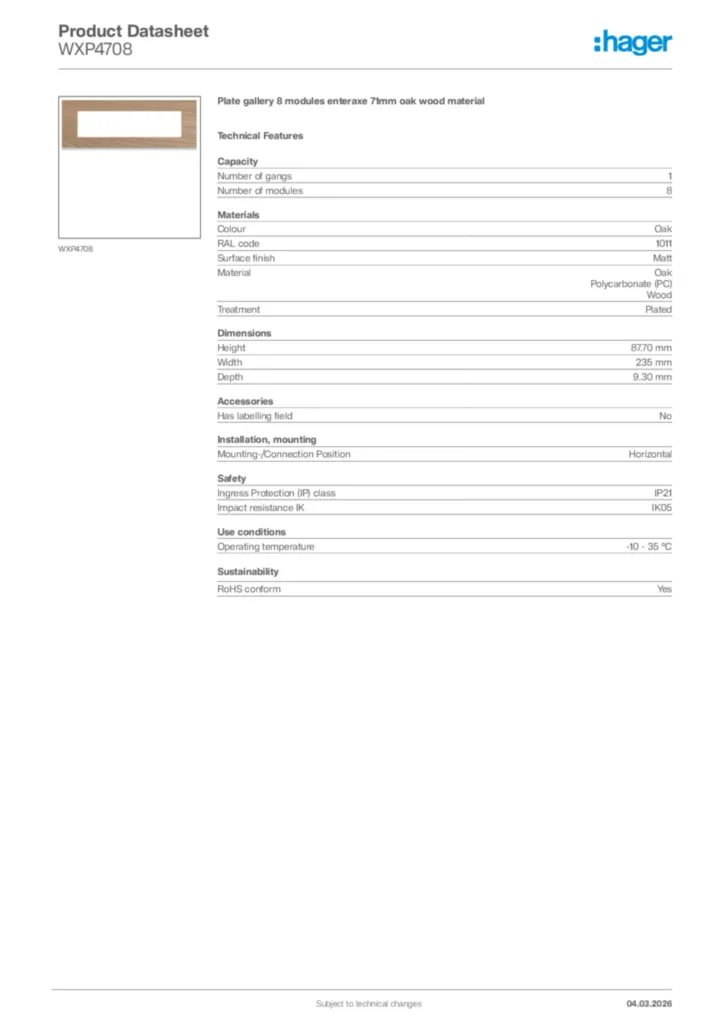 Image Hager Product data sheet WXP4708  | Hager Africa