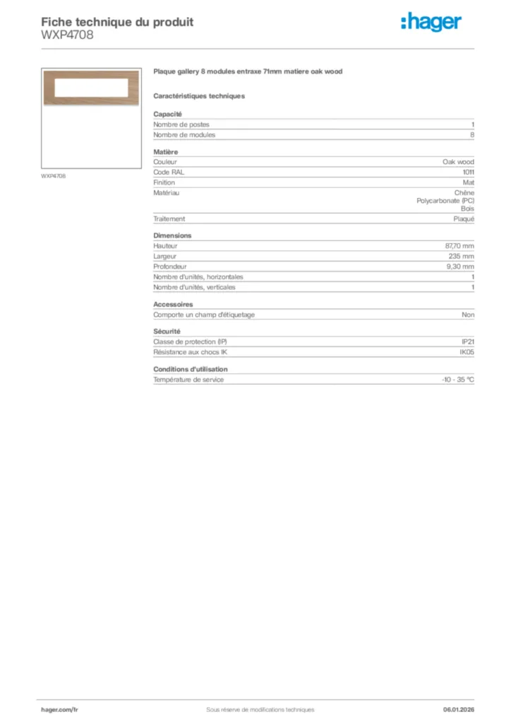 Image Hager Fiche technique du produit WXP4708 | Hager France