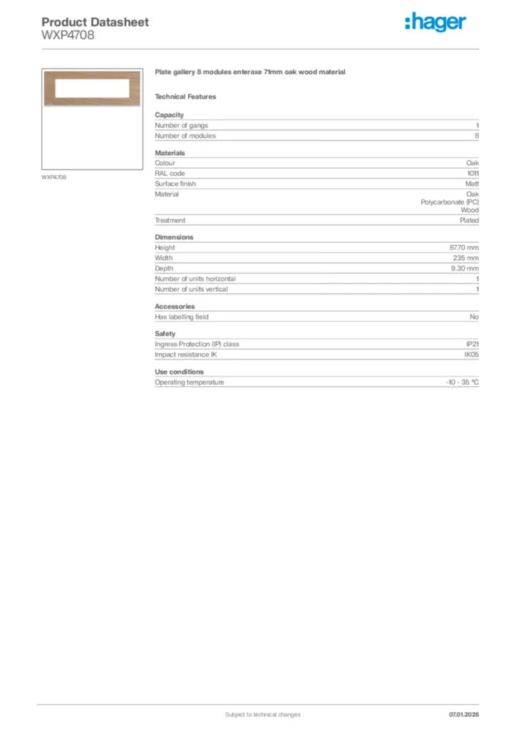 Image Hager Product data sheet WXP4708  | Hager