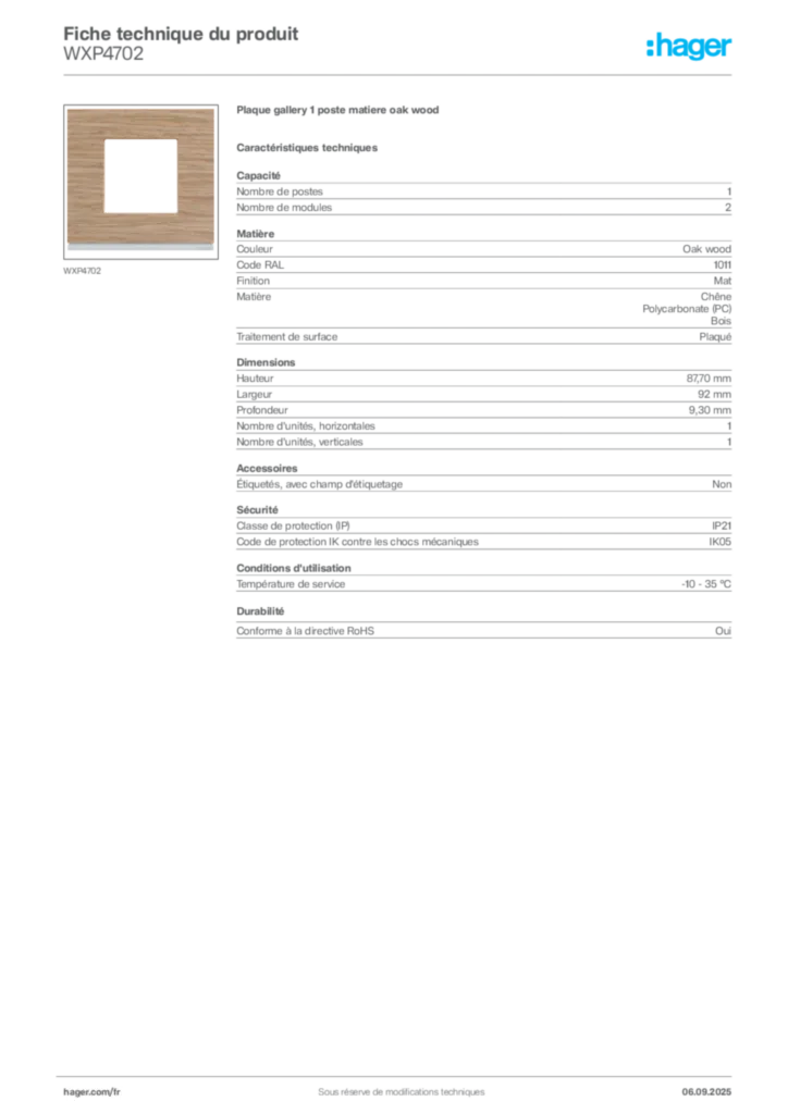 Image Hager Fiche technique du produit WXP4702 | Hager France