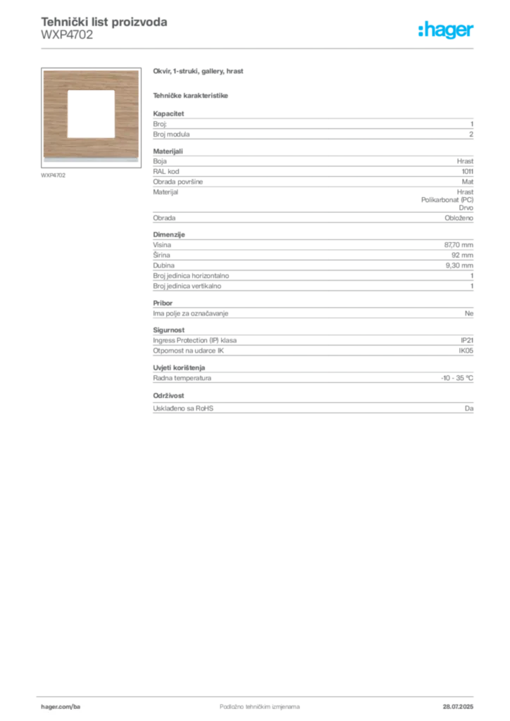 Slika Hager Product data sheet WXP4702  | Hager
