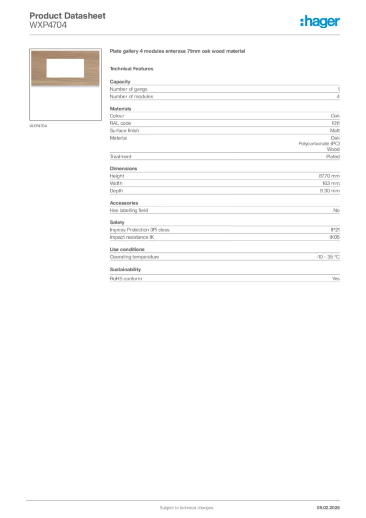 Image Hager Product data sheet WXP4704  | Hager Africa