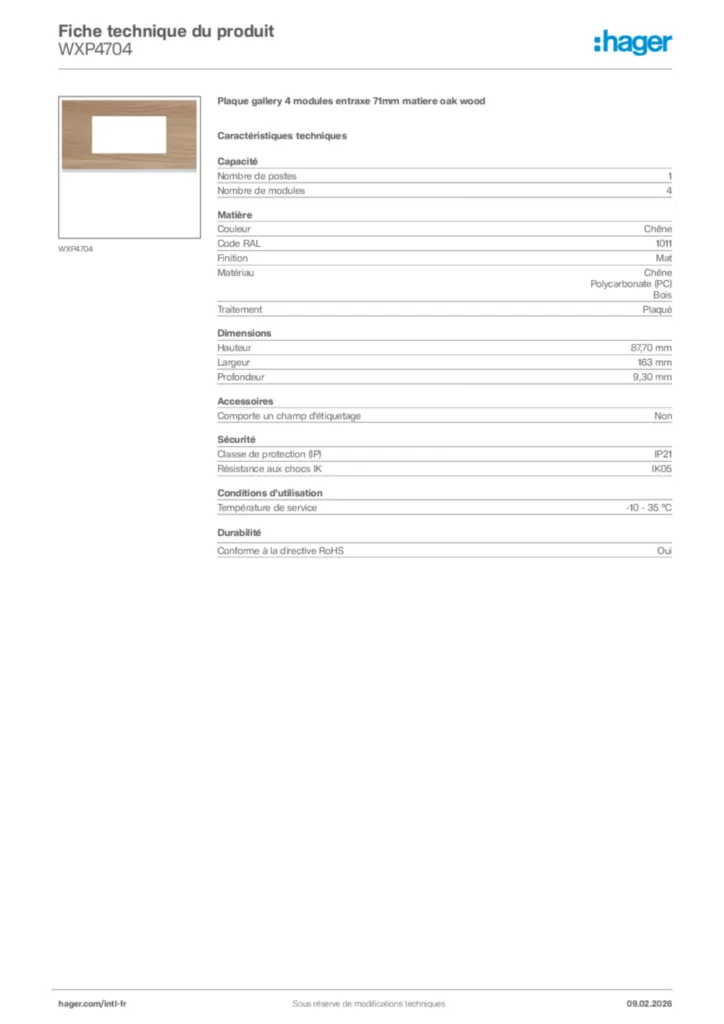 Image Hager Fiche technique du produit WXP4704 | Hager Afrique