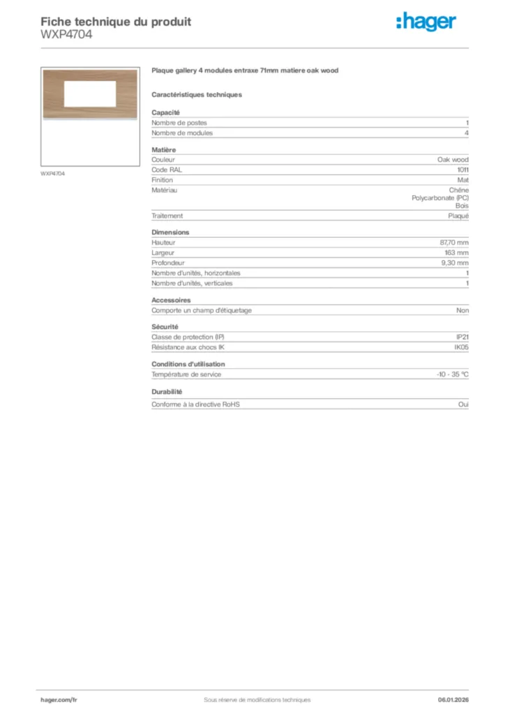 Image Hager Fiche technique du produit WXP4704 | Hager France
