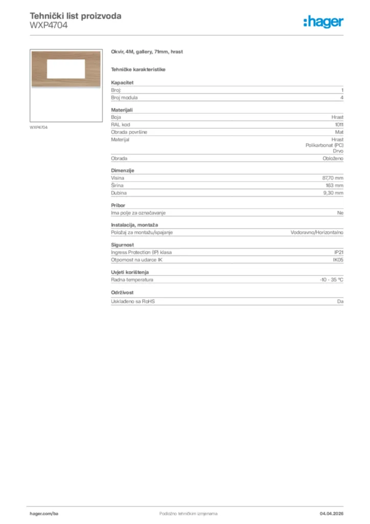Slika Hager Tehnički list proizvoda WXP4704  | Hager