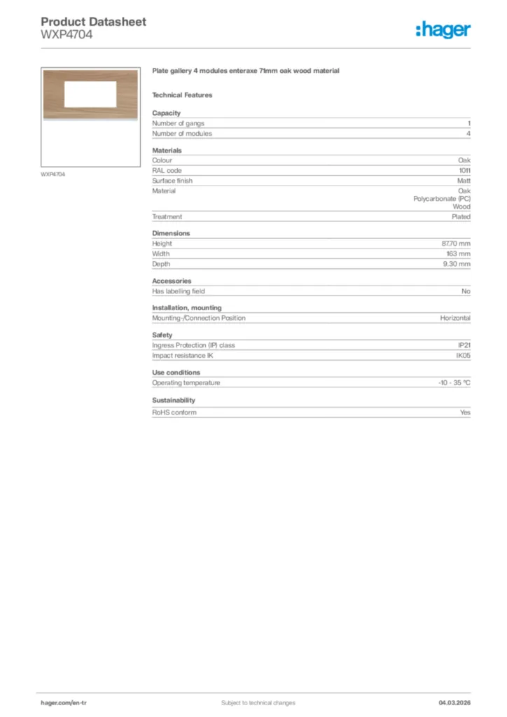 Image Hager Product data sheet WXP4704  | Hager
