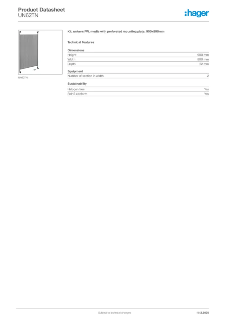 Image Hager Product data sheet UN62TN  | Hager Africa