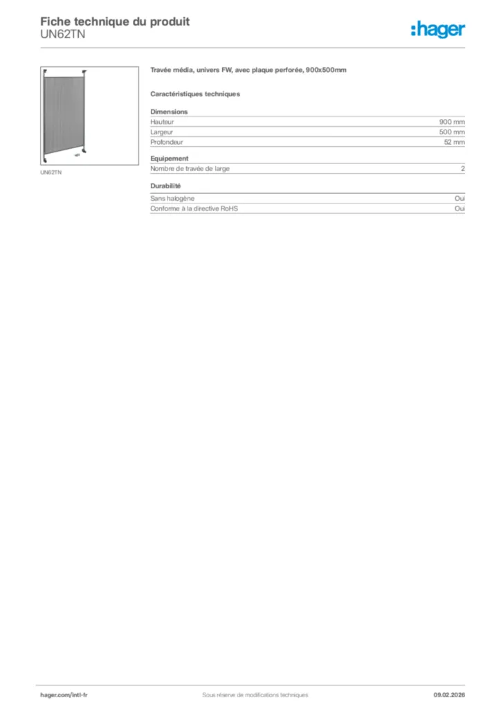 Image Hager Fiche technique du produit UN62TN | Hager Afrique