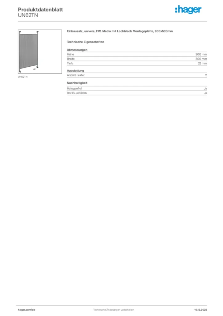 Bild Hager Produktdatenblatt UN62TN | Hager Deutschland
