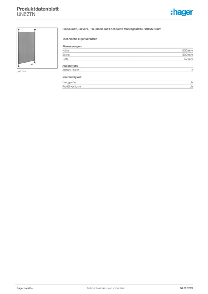 Bild Hager Produktdatenblatt UN62TN | Hager Deutschland