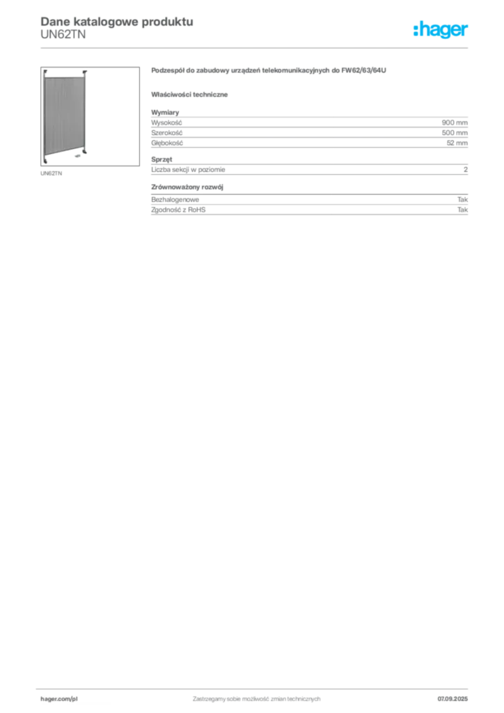 Zdjęcie Hager Dane katalogowe produktu UN62TN | Hager Polska