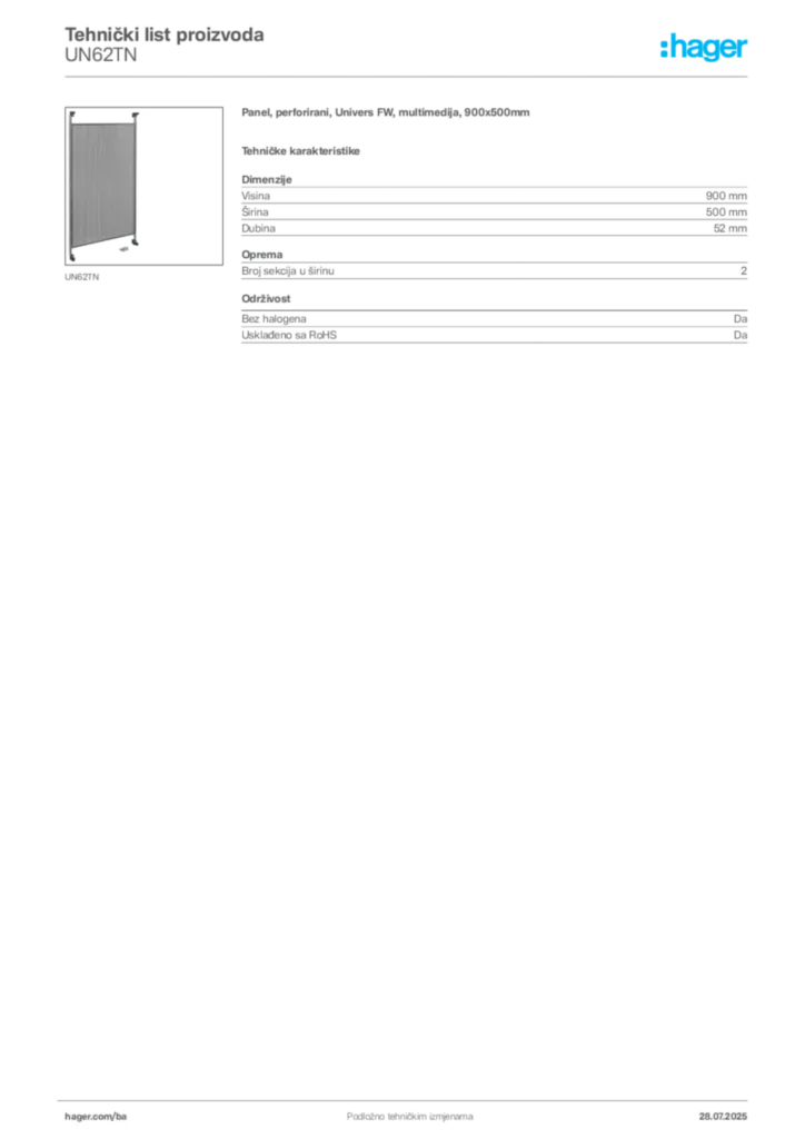 Slika Hager Product data sheet UN62TN  | Hager