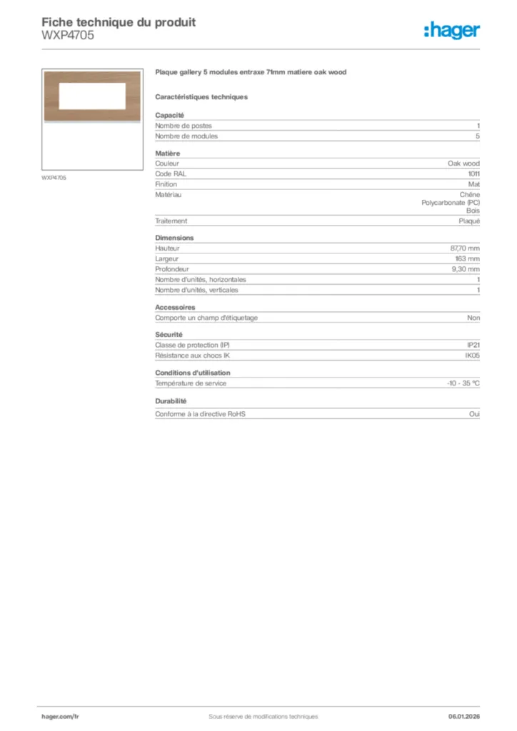 Image Hager Fiche technique du produit WXP4705 | Hager France