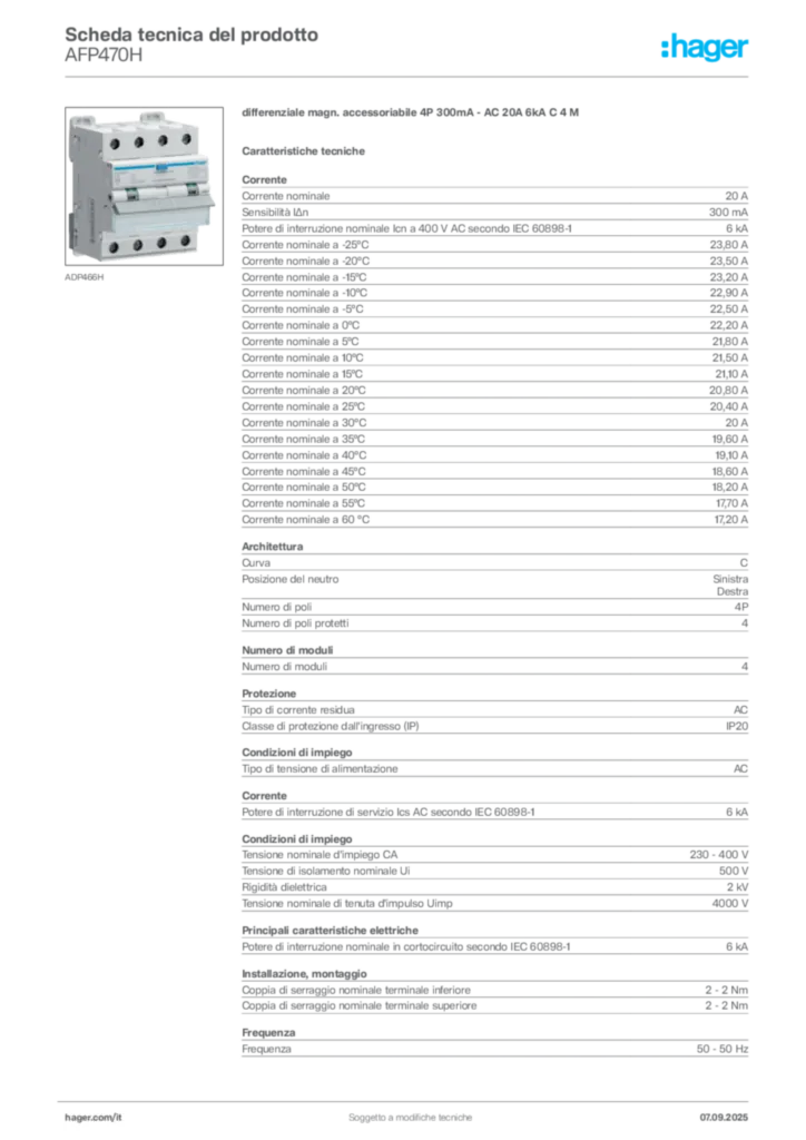 Immagine Hager Scheda tecnica del prodotto AFP470H | Hager Italia