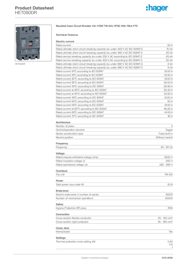 Image Hager Product data sheet HET050DR  | Hager Africa