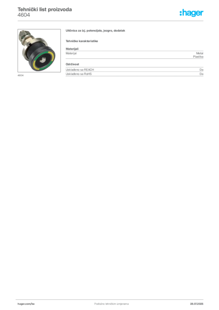 Slika Hager Product data sheet 4604  | Hager