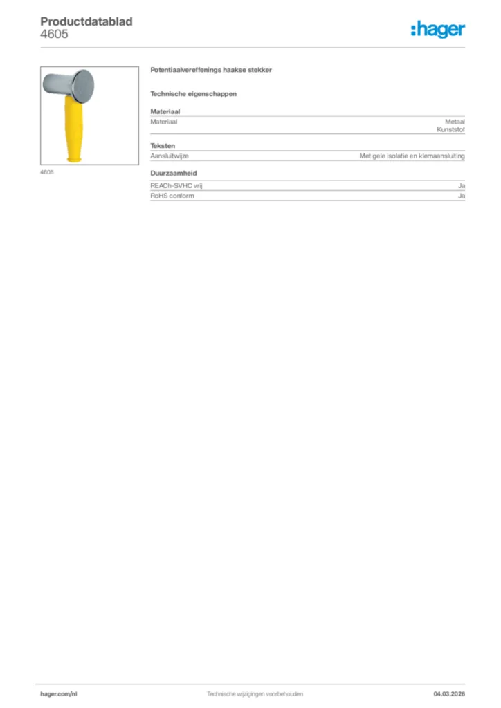 Afbeelding Hager Productdatablad 4605 | Hager Nederland