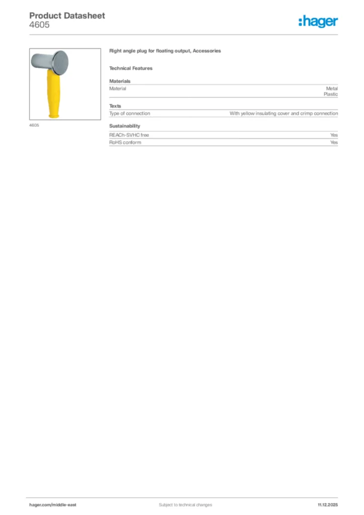 Image Hager Product data sheet 4605  | Hager