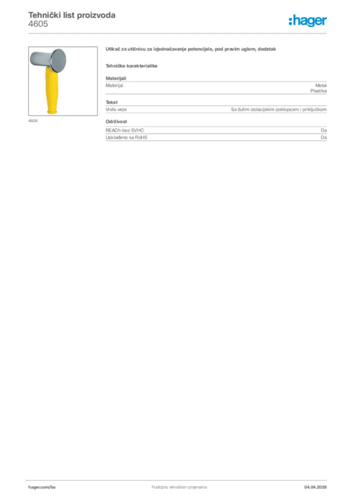 Slika Hager Tehnički list proizvoda 4605  | Hager